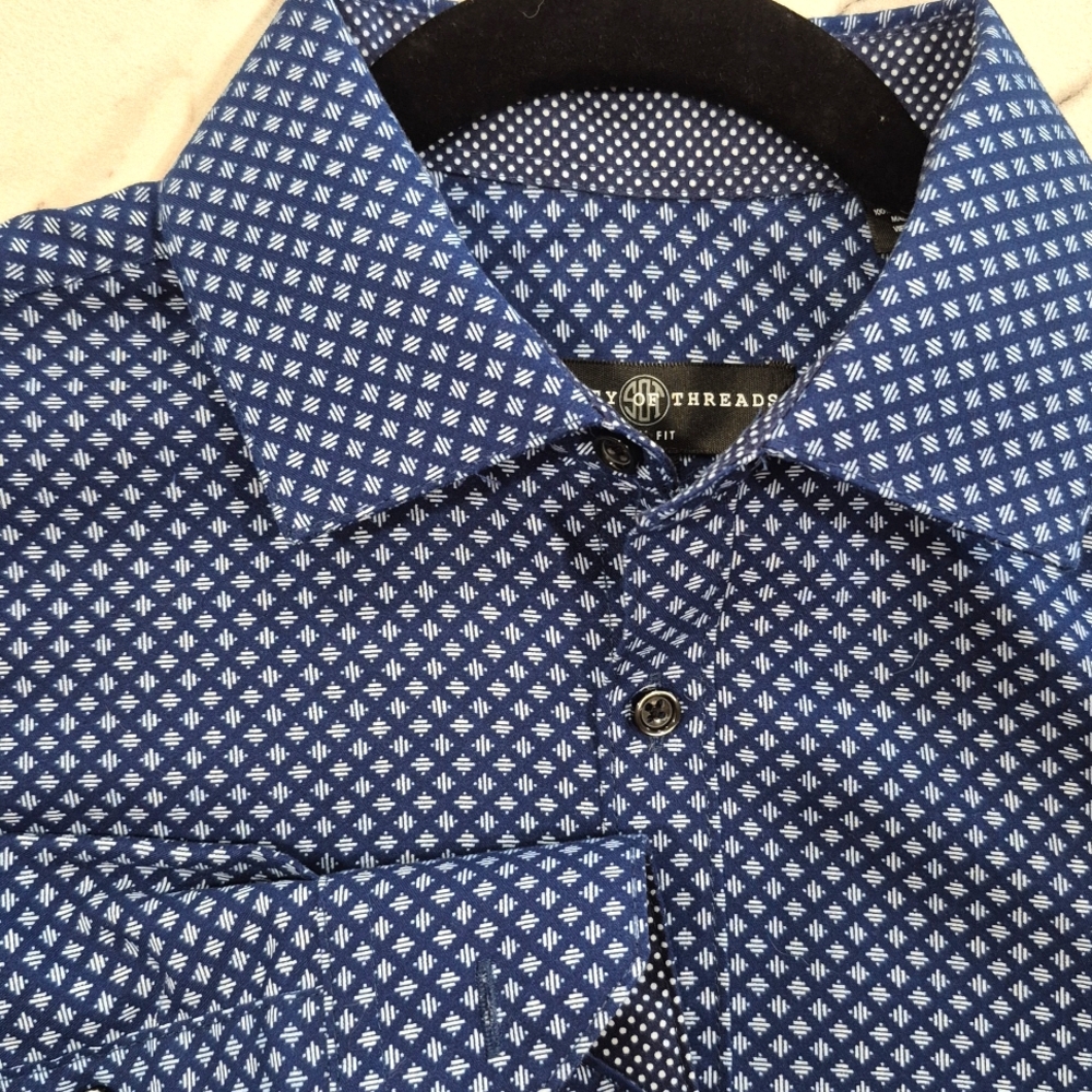 Society of Threads Dress Shirt Blue Geometric Diamond Pattern, Medium